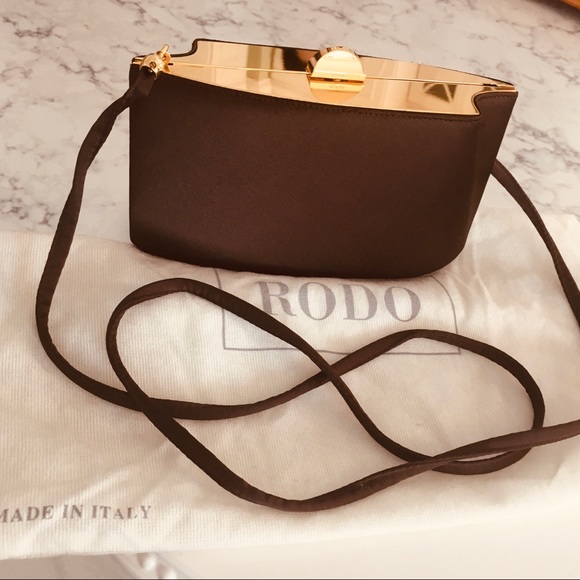 RODO BROWN SATIN & GOLD EVENING BAG - Picture 2 of 8